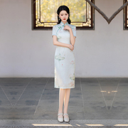 绿色荷花旗袍单层薄小矮个子春夏女装日常洋气质时尚连衣裙中国风