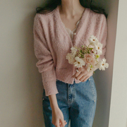 毛绒感开衫韩国V领长袖针织衫2024春甜美粉色羊毛毛衣女