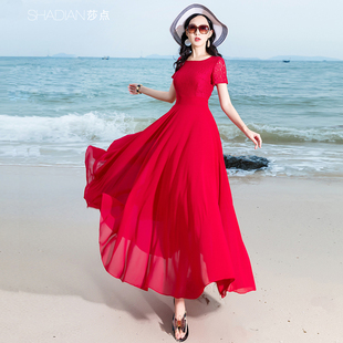 波西米亚大摆连衣裙，女夏雪纺长款海边度假长裙红色沙滩裙脚踝