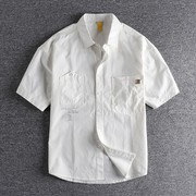 高支细腻匹马棉工装白衬衣(白衬衣)短袖衬衫，男士夏季薄款宽松外套男五分绣