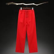 中国风棉麻休闲裤男直筒宽松中老年长裤大码裤子红色薄款夏季男裤