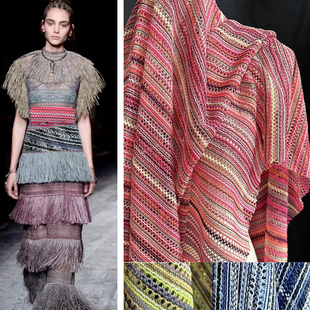 北欧风情波西米亚彩色条纹针织，网眼布料连衣裙，披肩创意设计面料