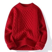本命年红色毛衣秋冬季男士高级感粗麻花针织衫外套圣诞情侣毛线衣