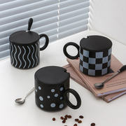 欧式简约ins个性陶瓷咖啡马克杯男女办公室家用泡茶早餐杯带盖勺