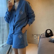 韩国刺绣V领休闲运动套装女 长袖开衫卫衣+短裤显瘦两件套