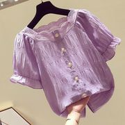 雪纺上衣女短袖2024韩版夏季百搭遮肚子，显瘦紫色甜美雪纺衬衫