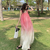 新娘定制长袍拍照沙滩裙海边度假吊带长裙粉色渐变雪纺连衣裙超仙