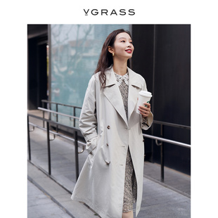 vgrass复古白色气质风衣外套，女春舒适大翻领，设计vsf2o10210