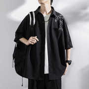 新中式男装中国风衬衫短袖夏宽松(夏宽松)设计感高级黑色冰丝唐装男款外套