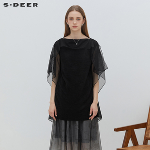sdeer圣迪奥明星同款女装，简约圆领雪纺肌理黑色，短袖t恤s222z0171