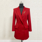 私人订制红色中长款西装女加厚羊毛双排扣外套高端大牌设计感小众