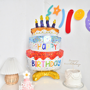儿童生日装饰品场景布置卡通三层彩色蛋糕，铝膜气球背景墙派对装扮