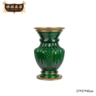 美式古典孔雀绿花瓶，祖母绿高温裂纹陶瓷，配铜盖盒工艺品摆件装饰品