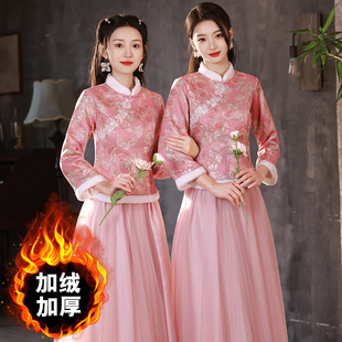 中式伴娘服2023冬季结婚礼服小个子高级感汉服姐妹团伴娘裙女