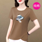 纯棉咖啡色t恤女款短袖2024夏季宽松大码显瘦卡通设计感上衣