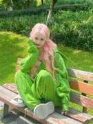 元气少女绿色休闲运动服套装女早秋日系学院风甜酷卫衣长裤两件套