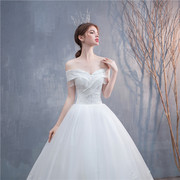 婚纱2023一字肩白色优美网纱袖齐地婚纱，蕾丝束腰修身婚纱