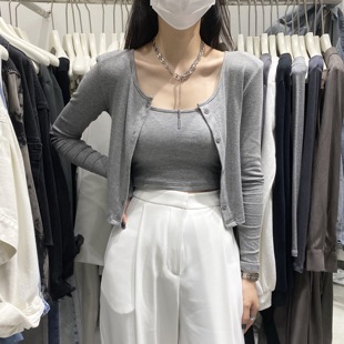 韩国春秋季圆领单排扣显瘦长袖上衣外套吊带两件套T恤上衣女短款