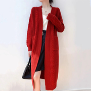 新年红色%100纯羊毛针织长款风衣重工加厚开衫女慵懒风大牌外套