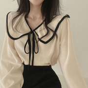 韩国chic春季法式气质大翻领系带蝴蝶结设计宽松百搭长袖衬衫上衣