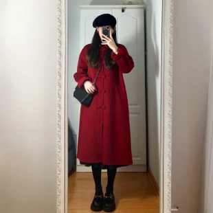 高级感红色呢子大衣2023秋冬装，韩系赫本风小个子，毛呢外套女中长款