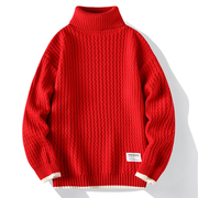 冬季加厚毛衣男士高领波浪纹本命年红色上衣长袖针织衫内搭毛线衫