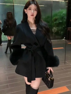 韩版时尚加厚绑带黑色毛呢外套女装冬季高级感名媛小个子开衫大衣