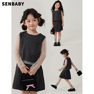 senbaby童装女童夏装西装套装裙，儿童无袖背心，+百褶短裙+波点上衣