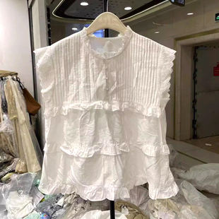 韩系立领蕾丝边小飞袖设计感减龄娃娃衫无袖衬衣女20243323