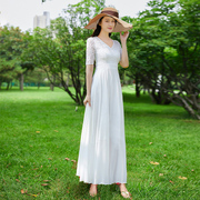 白色雪纺连衣裙超仙2023法式显瘦裙子长款蕾丝大摆长裙女夏