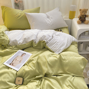 速发小清舍条纹床单四件套纯色被套床笠宿套寝室简约床上三件