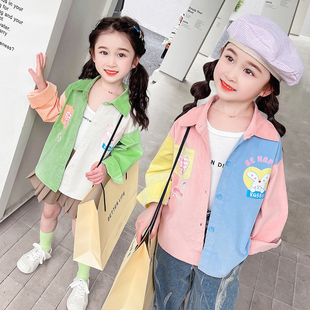 女小童衬衣外套春装，韩版翻领拼色纯色，卡通动漫灯芯绒纯棉衬衫上衣