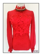 珍思薇尼春秋季女红色钉珠时尚，显瘦长袖衬衫，女蕾丝拼接气质女衫外