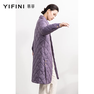 Yifini/易菲丁香紫色宽松中长款棉服女秋冬时尚简约棉衣