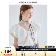 VEGA CHANG短袖衬衫女2024夏季法式小众显瘦泡泡袖上衣高级感
