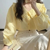 上衣长袖女小众法式奶黄色衬衣设计感春秋复古娃娃领Chic奶甜衬衫