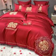 跨境奢华中式刺绣婚庆，大红色四件套全棉纯棉床单，w被套结婚床