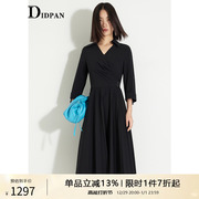 idpan女装2023年夏季时尚收腰显瘦百褶斜裁裙摆，中长袖连衣裙