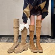 两穿厚底雪地靴女款2024冬季增高过膝长筒靴高跟绒面骑士靴子