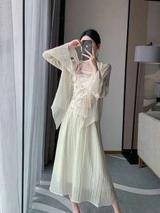 中式轻薄无扣长袖雪纺上衣拼接设计连衣裙两件套D¥13霞0419