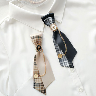 韩版格子英伦风链条小领带女设计感jk免打衬衫装饰别针小领结头花