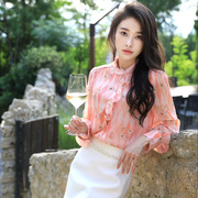MOJO S．PHINE2023年夏季高级感小众浪漫樱花系列粉色衬衫