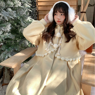 木茶自制雪松奶芙奶黄连帽，宽松毛呢外套，女冬季森系温柔风大衣