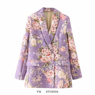 欧美女装澳洲小众花卉印花紫色，西装春秋季女士休闲西服外套