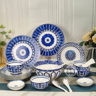拌面汤碗盘套装骨瓷餐具，家用28件蓝色印迹几何，个性简约欧式送礼