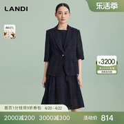 landi蓝地夏季网纱拼接五分袖，西装外套女薄款收腰小西服上衣