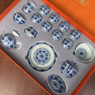 景德镇青花瓷八宝纹功夫茶具，大套装高档陶瓷盖碗茶壶茶杯办公会客