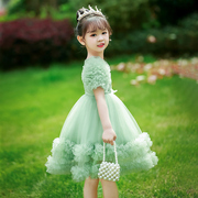 女童公主裙礼服高端女孩花童主持人儿童森系生日蓬蓬裙绿色高级感