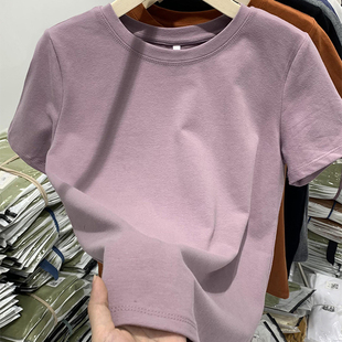 香芋紫色棉质短袖t恤女装宽松正肩体桖2022圆领夏季简约基础上衣