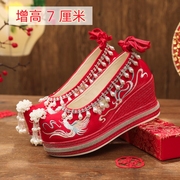 中式秀禾婚鞋女厚底婚礼，结婚增高汉服鞋子坡跟，红色绣花鞋配马面裙